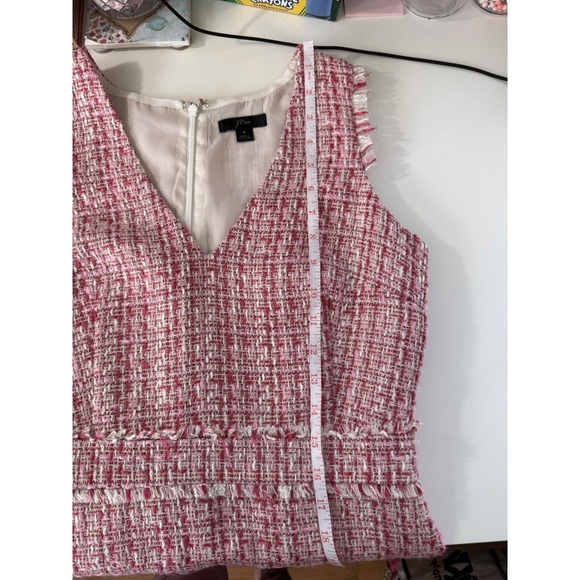 J. Crew Pink White Tweed Sleeveless V Neck Frayed Hem Sheath Dress Size 4 Preppy - Picture 11 of 12
